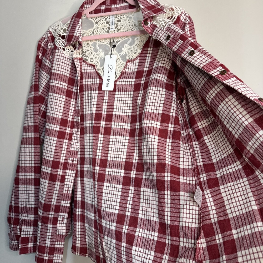 Lori + Mari Red Plaid Lace Yoke Shirt Cowgirl Western Button Down NWT L - Picture 10 of 14